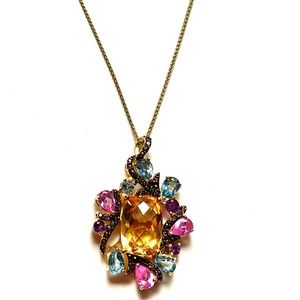 14K Gold Over Sterling Silver Necklace With Genuine Citrine, Amethyst & Quartz